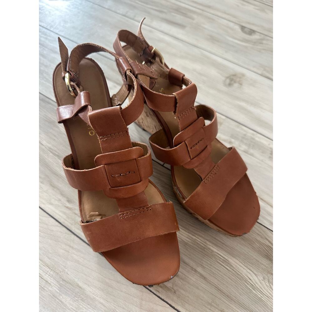 Franco Sarto Sandals Women's 8 Tan Wedges Open Toe Strappy Cork Neutral